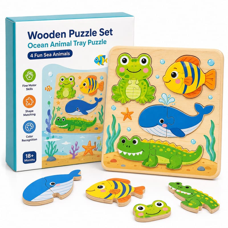 Ocean Animal Wooden Puzzle Board front view