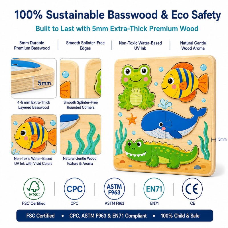 Ocean Animal Wooden Puzzle Board printing detail