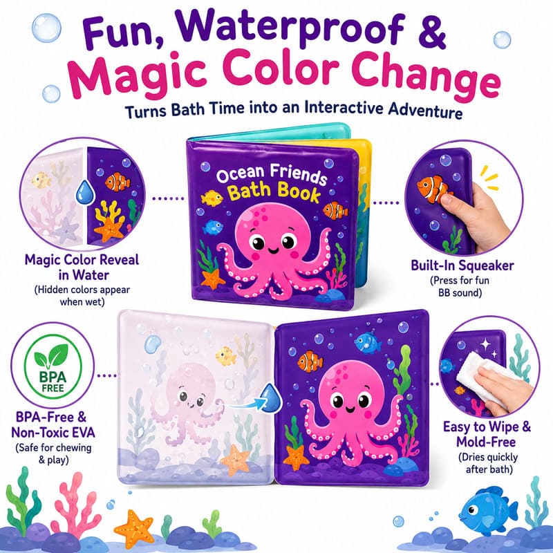 Custom Ocean Friends Color Changing Bath Book – Waterproof Soft Book size and dimensions