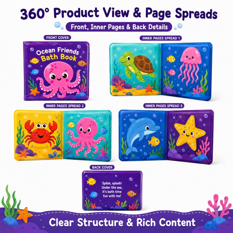 Custom Ocean Friends Color Changing Bath Book – Waterproof Soft Book cover and page view