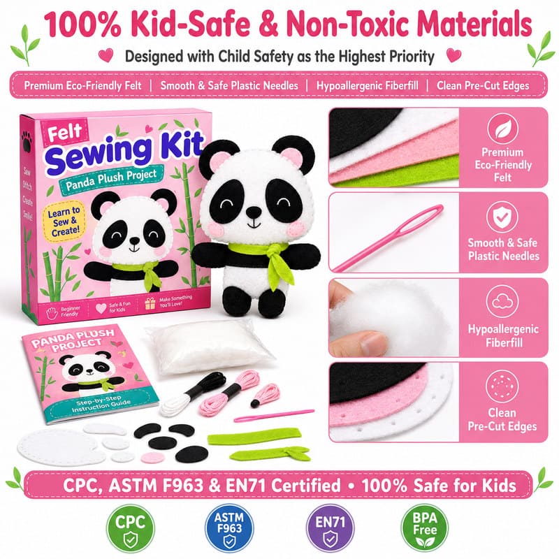 Panda Plush Felt Sewing Kit tools and accessories detail