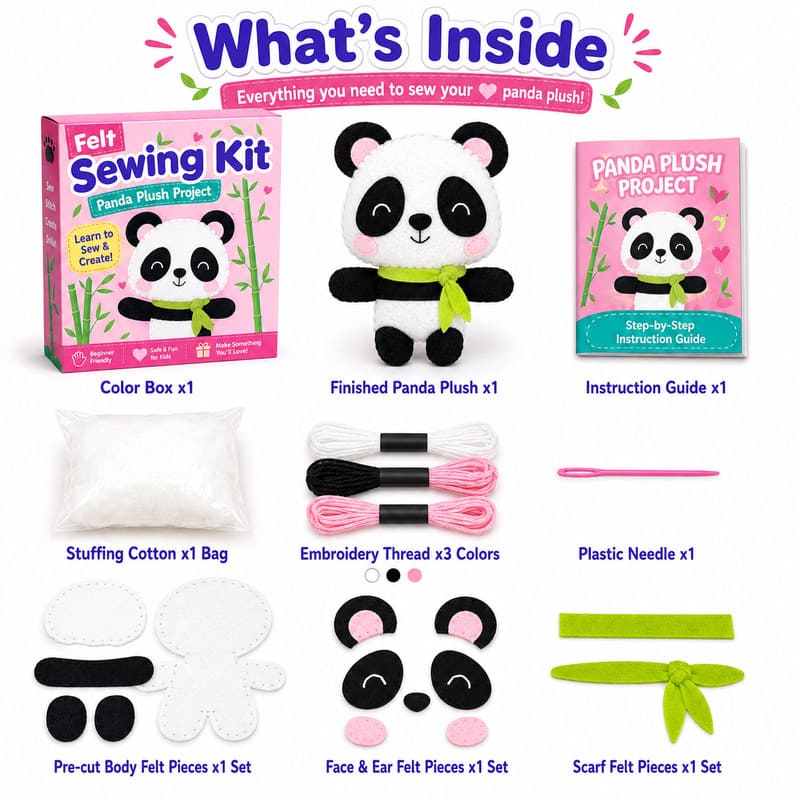 Panda Plush Felt Sewing Kit kit contents view