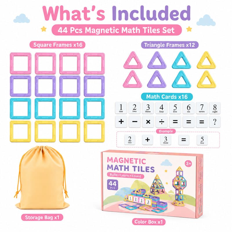 Pastel Mini Magnetic Tiles Set puzzle pieces and layout view