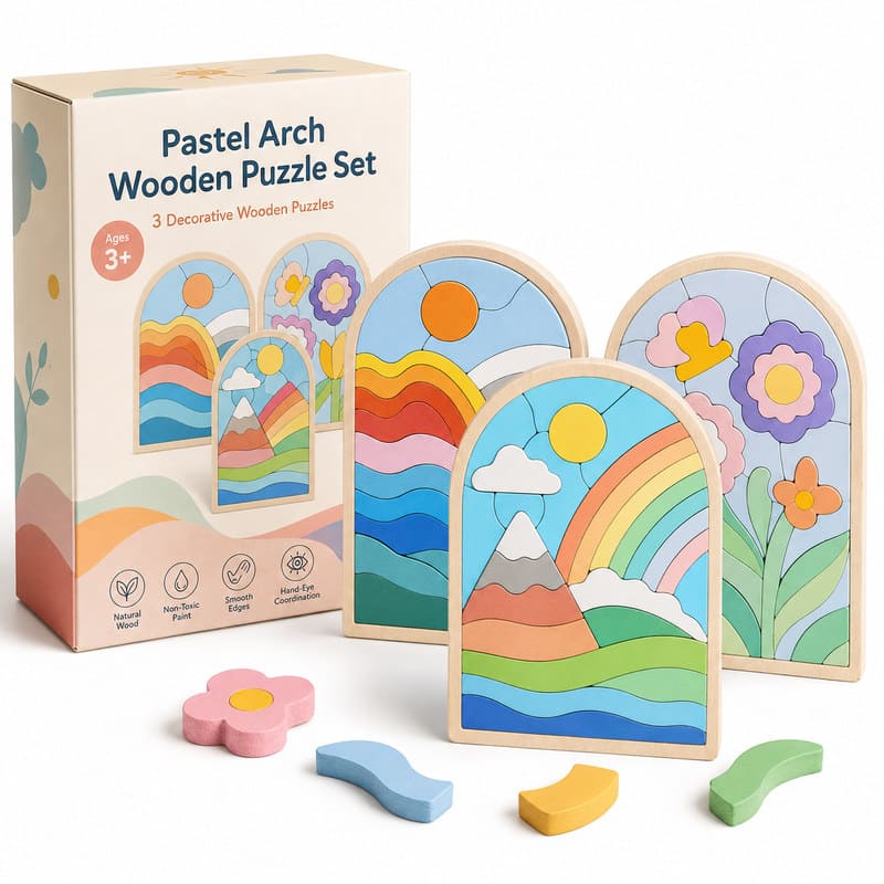 Pastel Rainbow Wooden Puzzle Set front view