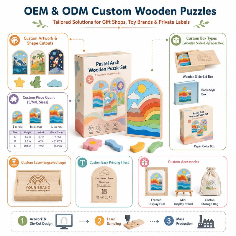 Pastel Rainbow Wooden Puzzle Set board and material detail