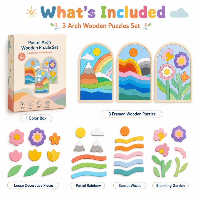 Pastel Rainbow Wooden Puzzle Set puzzle pieces and layout view
