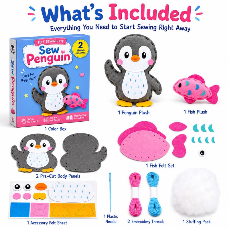 Penguin Plush Felt Sewing Kit kit contents view
