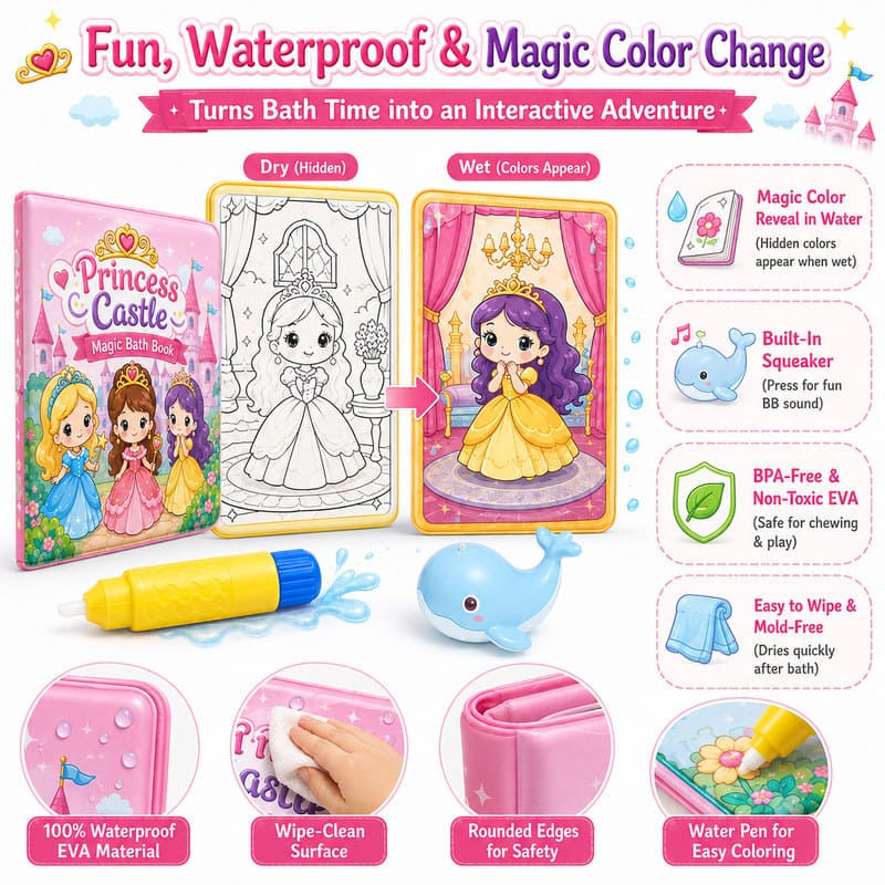 Custom Princess Castle Magic Bath Book Set – Color-Changing Bath Play size and dimensions