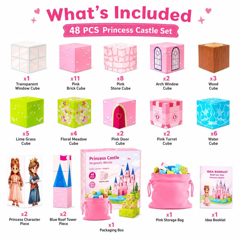 Princess Castle Magnetic Blocks Set puzzle pieces and layout view