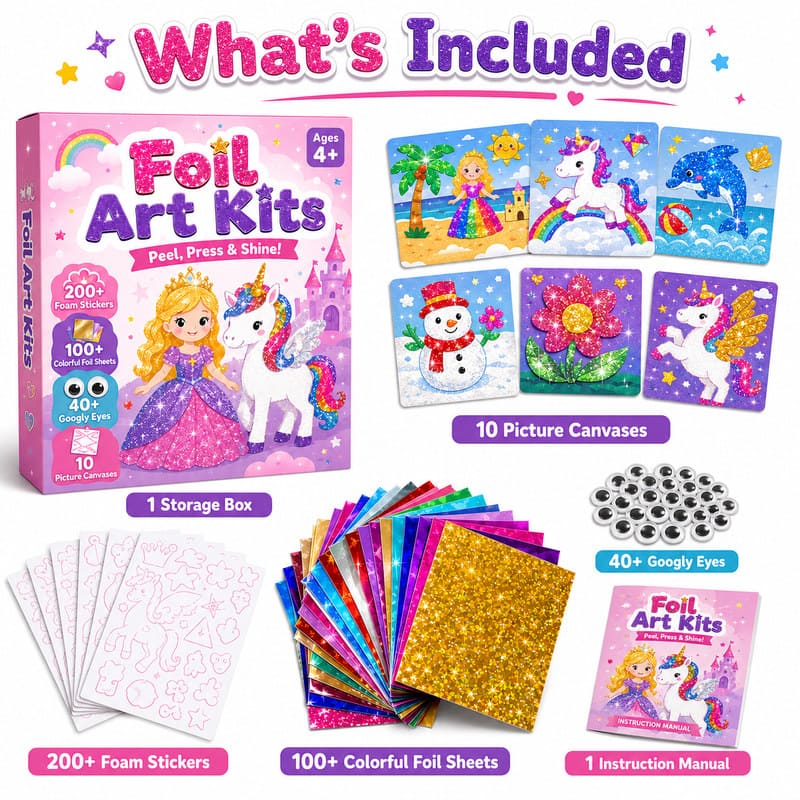 Princess Unicorn Foil Art Kit kit contents view