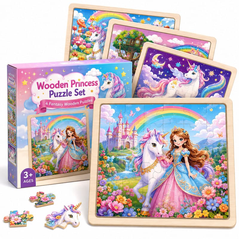 Princess & Unicorn Wooden Jigsaw Puzzle Set front view