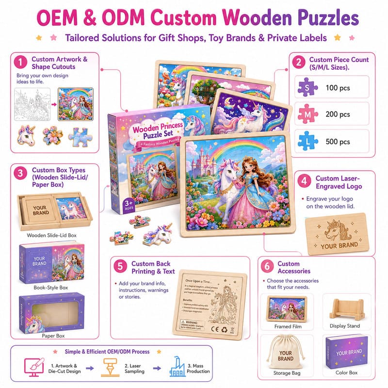 Princess & Unicorn Wooden Jigsaw Puzzle Set board and material detail