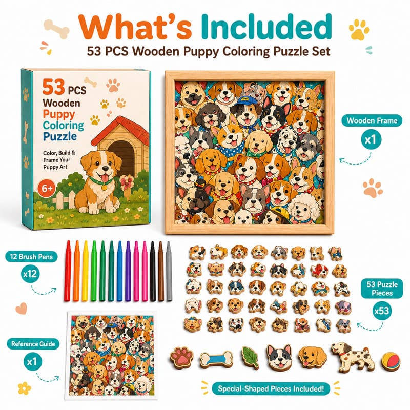 Puppy Wooden Puzzle Board puzzle pieces and layout view