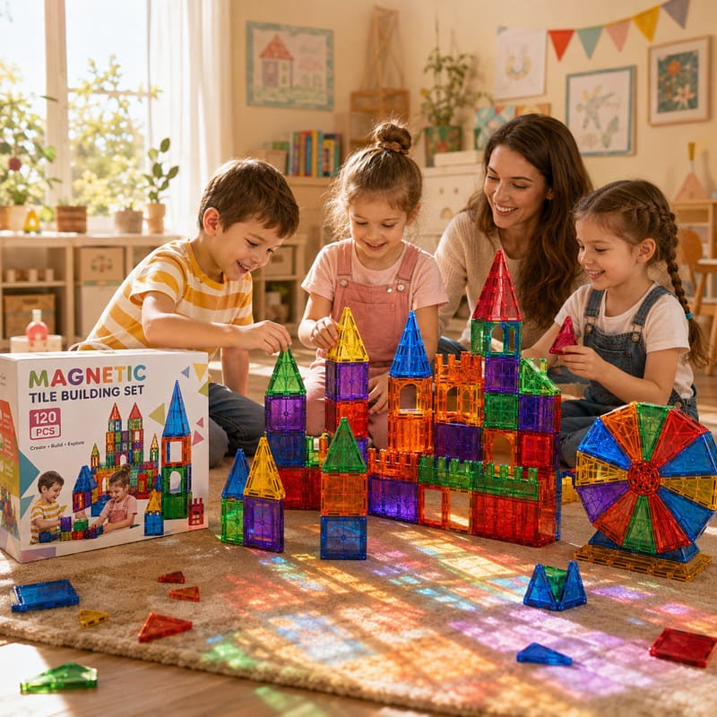 Rainbow Magnetic Tile Building Set completed puzzle view