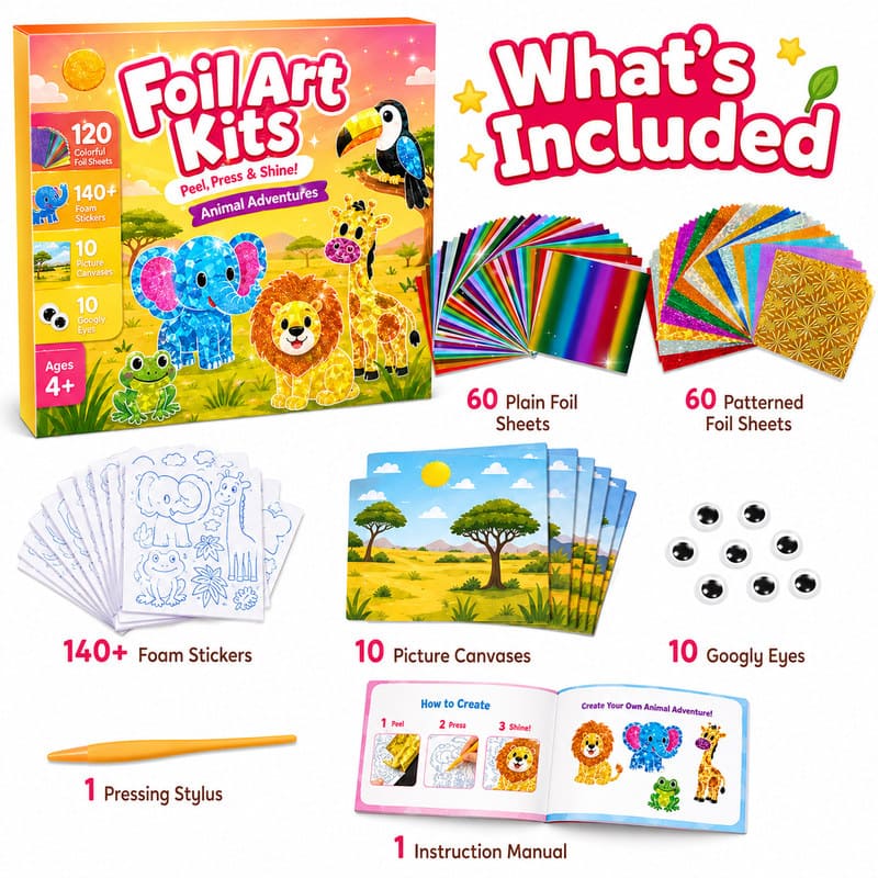 Safari Animals Foil Art Kit kit contents view