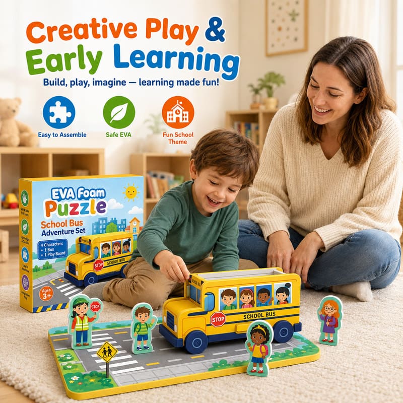 School Bus EVA Foam Puzzle Play Set completed puzzle view