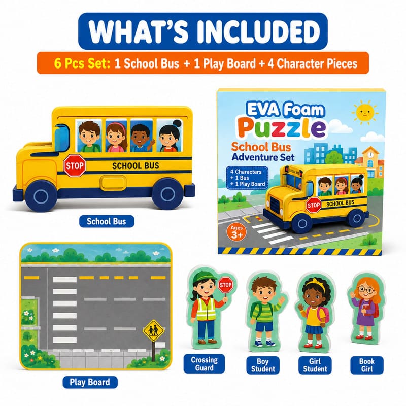 School Bus EVA Foam Puzzle Play Set puzzle pieces and layout view