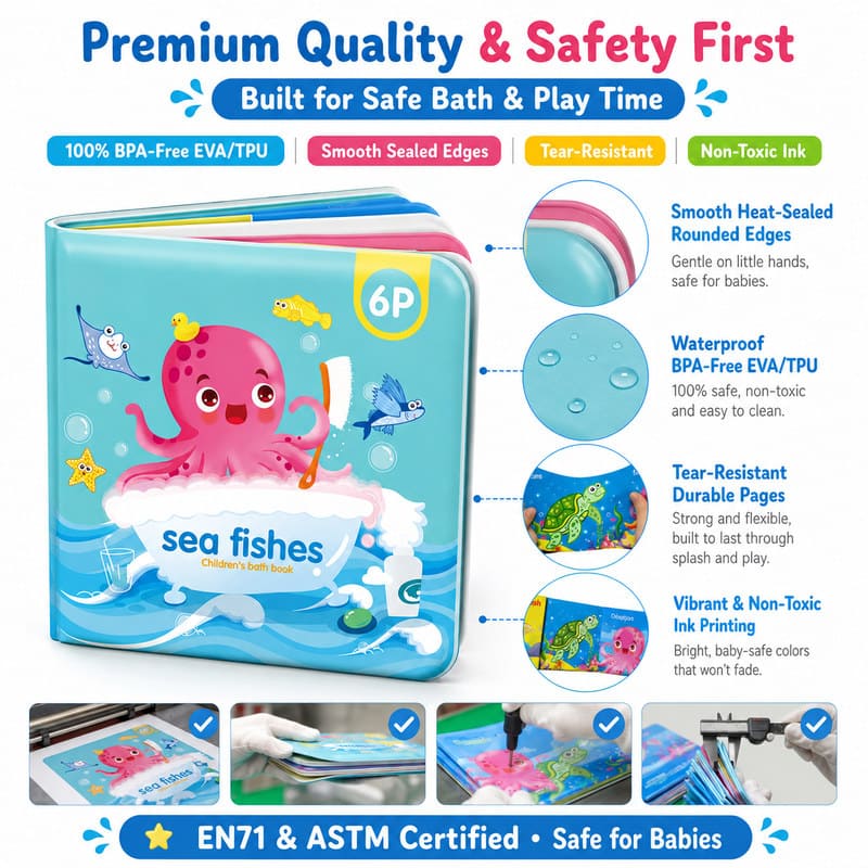 Custom Sea Fishes Color Changing Bath Book – Waterproof Baby Book waterproof material detail