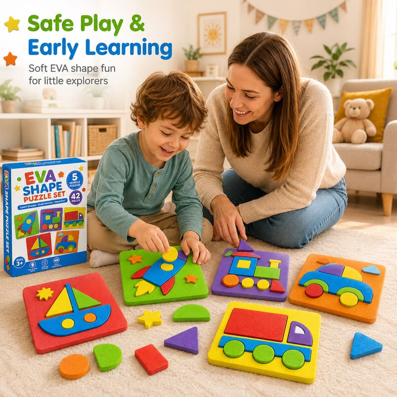 42-Piece Shape & Vehicle EVA Foam Puzzle Set completed puzzle view