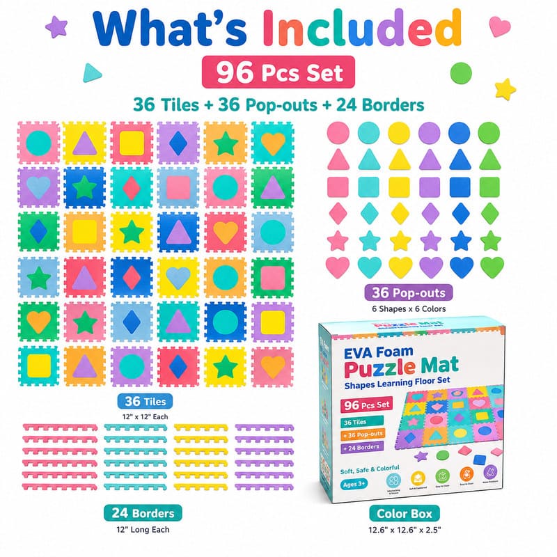 96-Piece Shapes Learning EVA Foam Puzzle Mat puzzle pieces and layout view