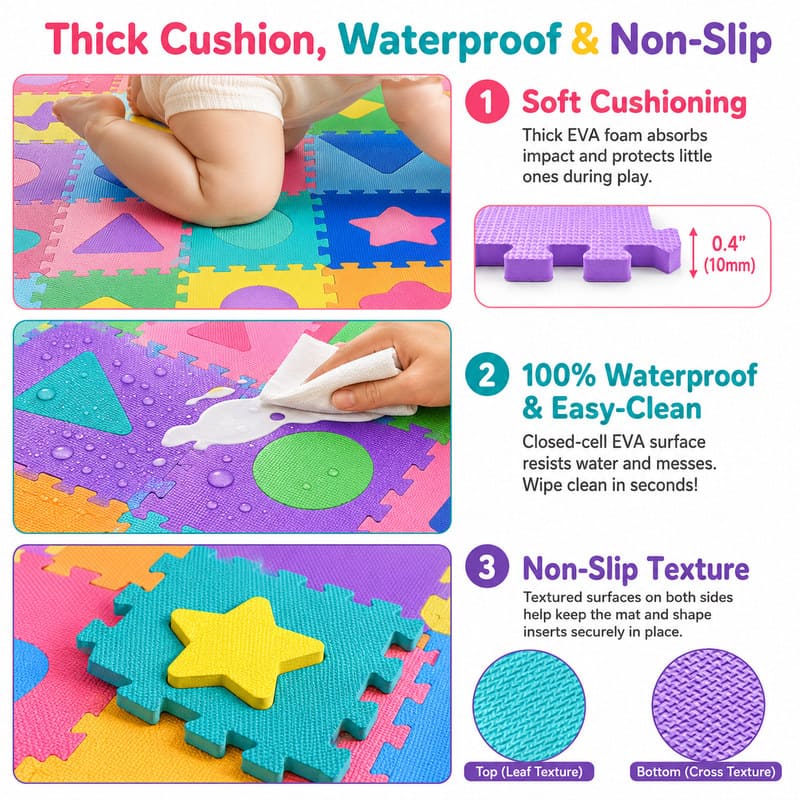 96-Piece Shapes Learning EVA Foam Puzzle Mat size and dimensions