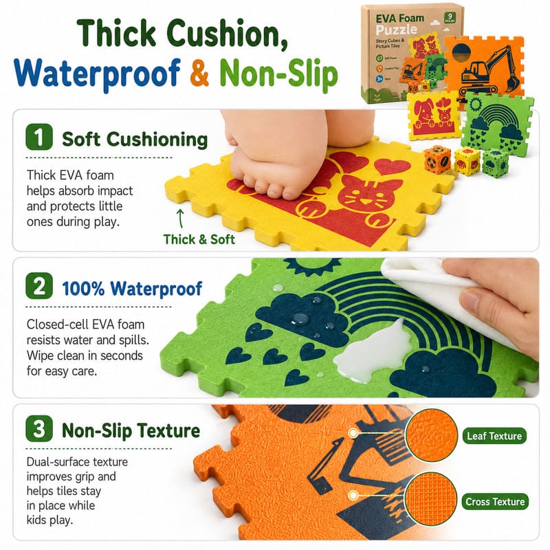 Construction Vehicle Story Cubes EVA Foam Puzzle Set size and dimensions
