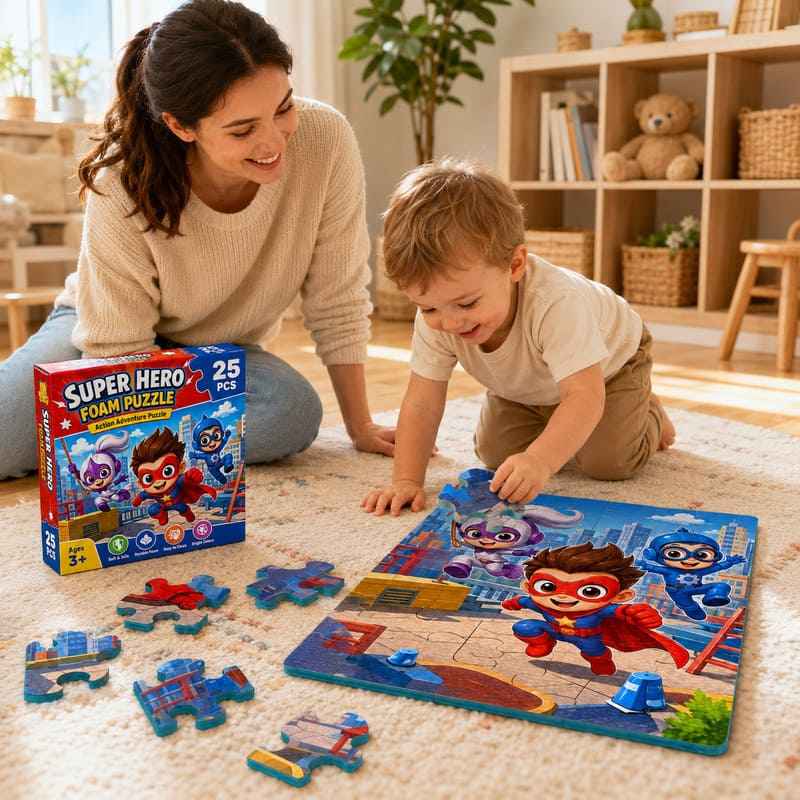 25-Piece Superhero EVA Foam Puzzle Set completed puzzle view