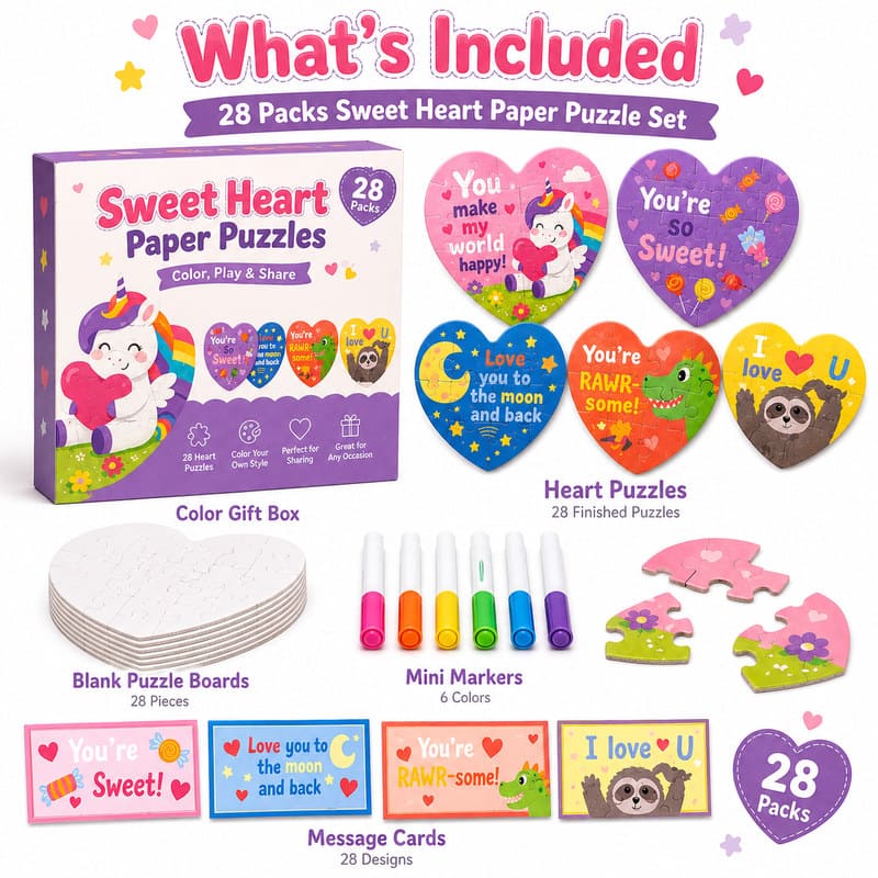 Sweet Heart Unicorn Paper Puzzle Set puzzle pieces and layout view