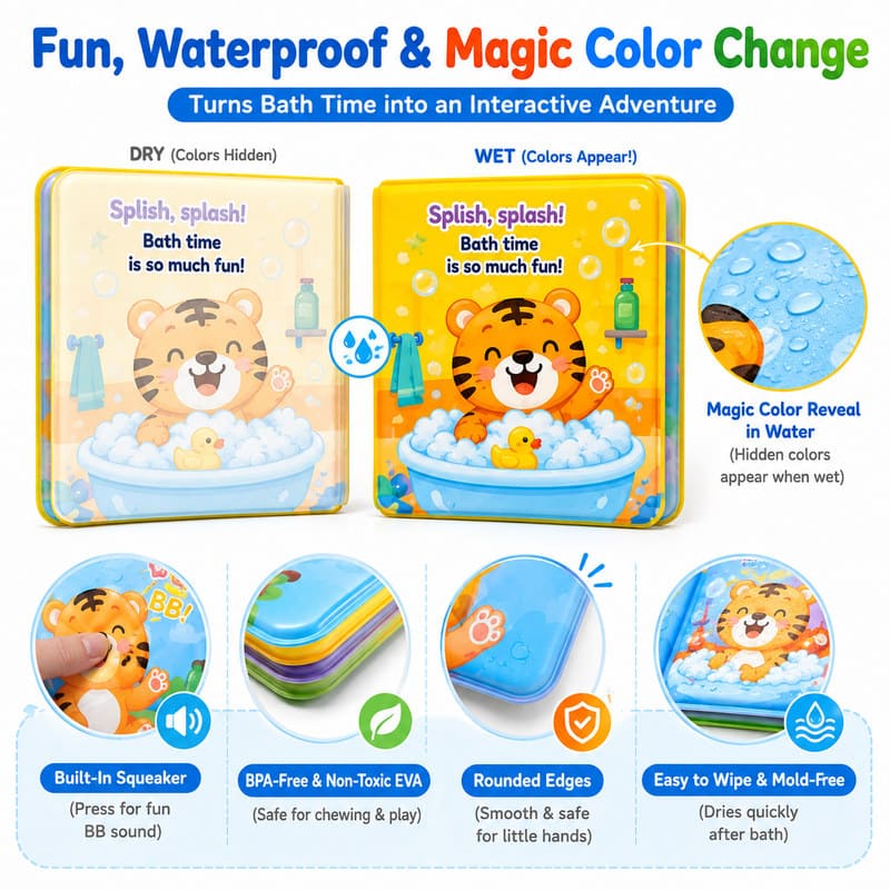 Custom Tiger Bath Fun Color Changing Bath Book – Waterproof Soft Book size and dimensions