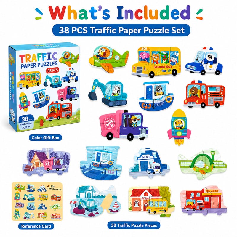 Traffic Vehicle Paper Puzzle Set puzzle pieces and layout view