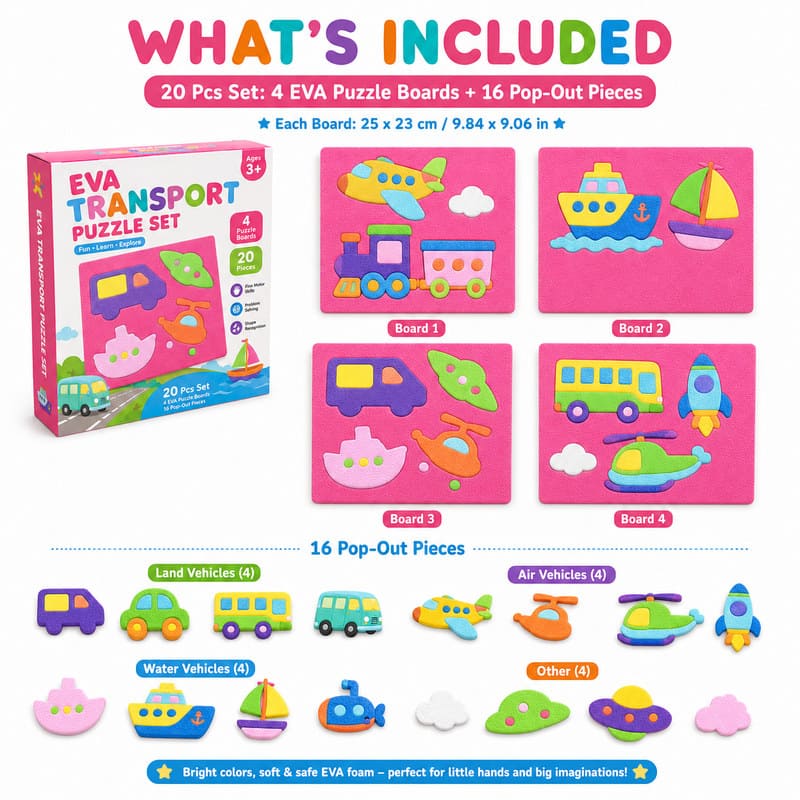 20-Piece Transport Vehicle EVA Foam Puzzle Set puzzle pieces and layout view