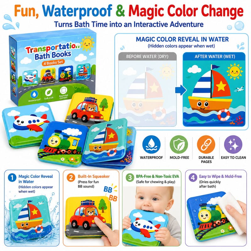 Custom Transportation Bath Book 4-Book Set – Waterproof Learning Books size and dimensions
