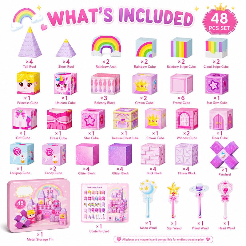 Unicorn Castle Magnetic Blocks Set puzzle pieces and layout view