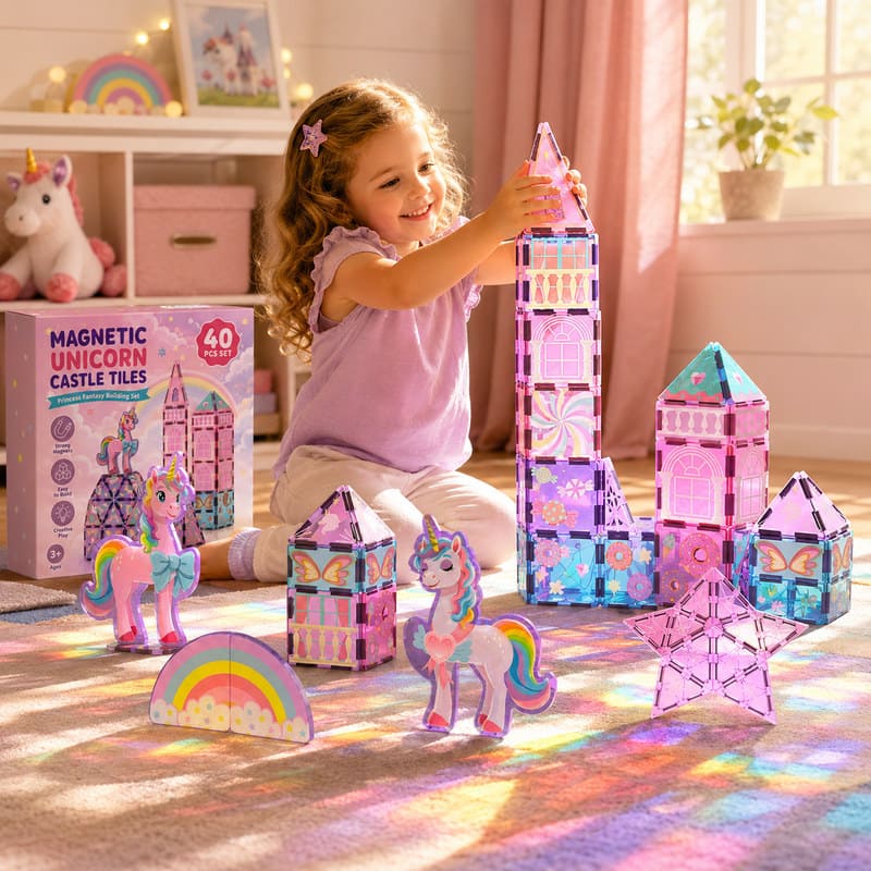Unicorn Castle Magnetic Tiles Set completed puzzle view