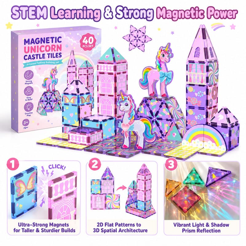 Unicorn Castle Magnetic Tiles Set size and dimensions
