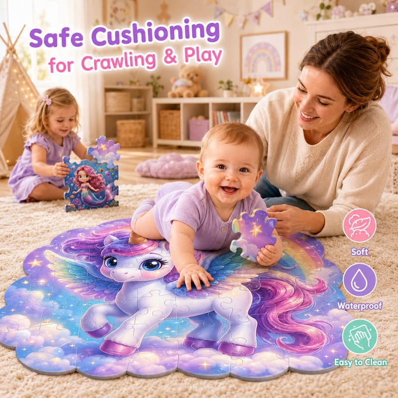 Double-Sided Unicorn & Mermaid EVA Foam Floor Puzzle completed puzzle view