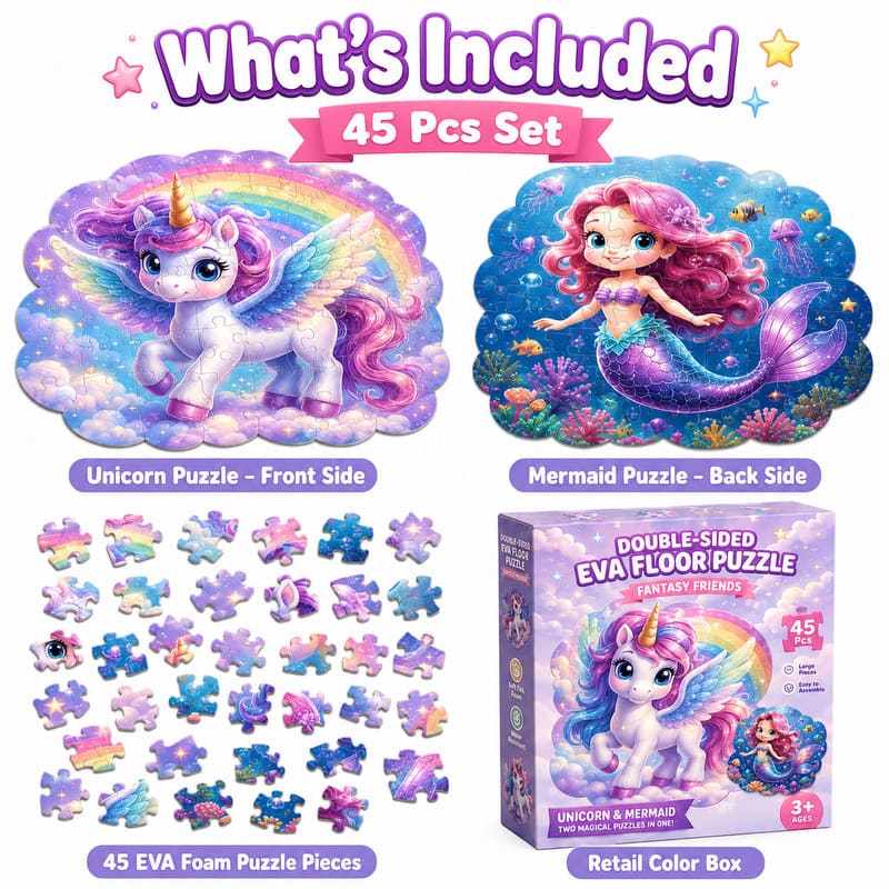 Double-Sided Unicorn & Mermaid EVA Foam Floor Puzzle puzzle pieces and layout view