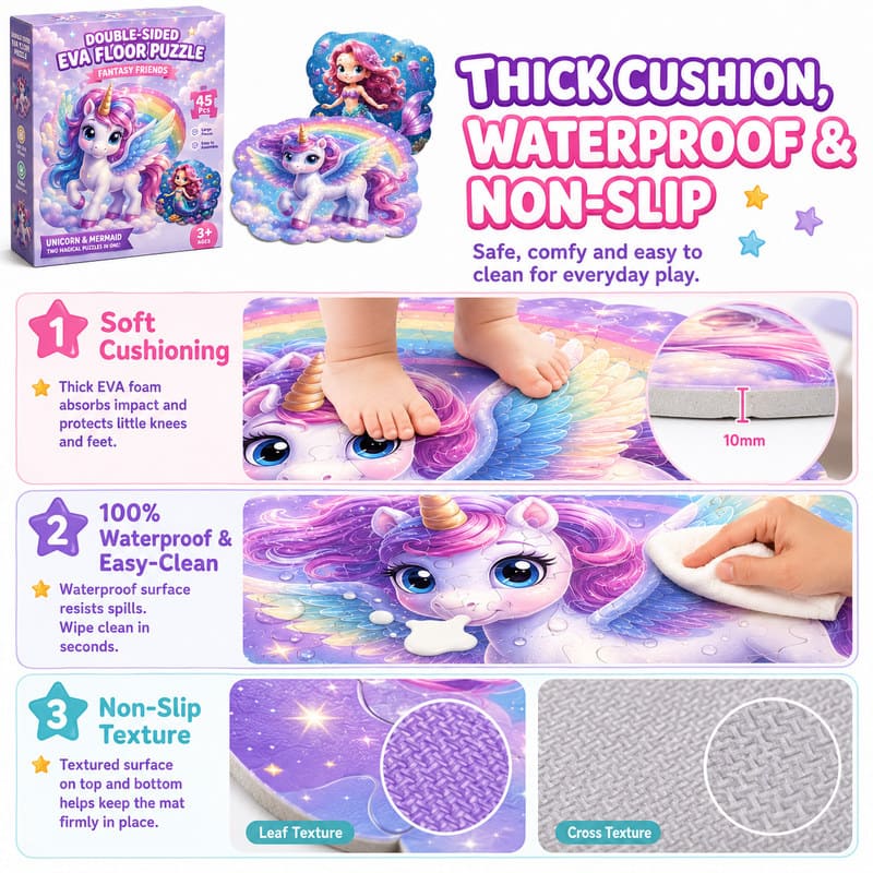 Double-Sided Unicorn & Mermaid EVA Foam Floor Puzzle size and dimensions