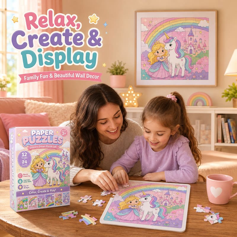Unicorn Princess Coloring Paper Puzzle Set completed puzzle view