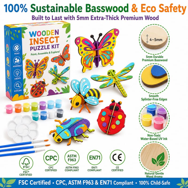 Wooden Insect Puzzle & Painting Kit printing detail