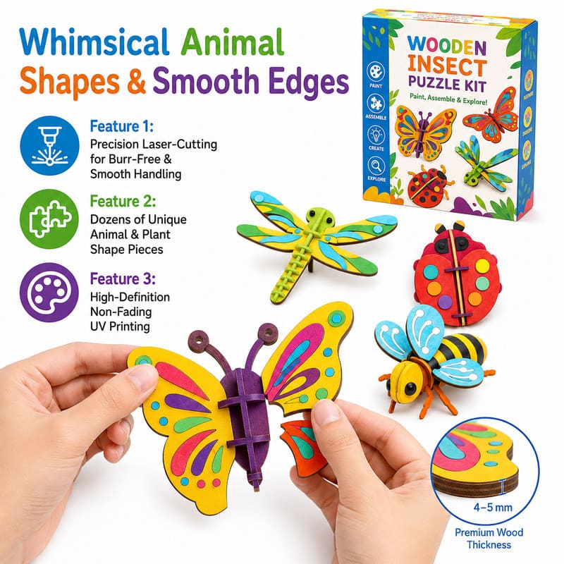 Wooden Insect Puzzle & Painting Kit size and dimensions