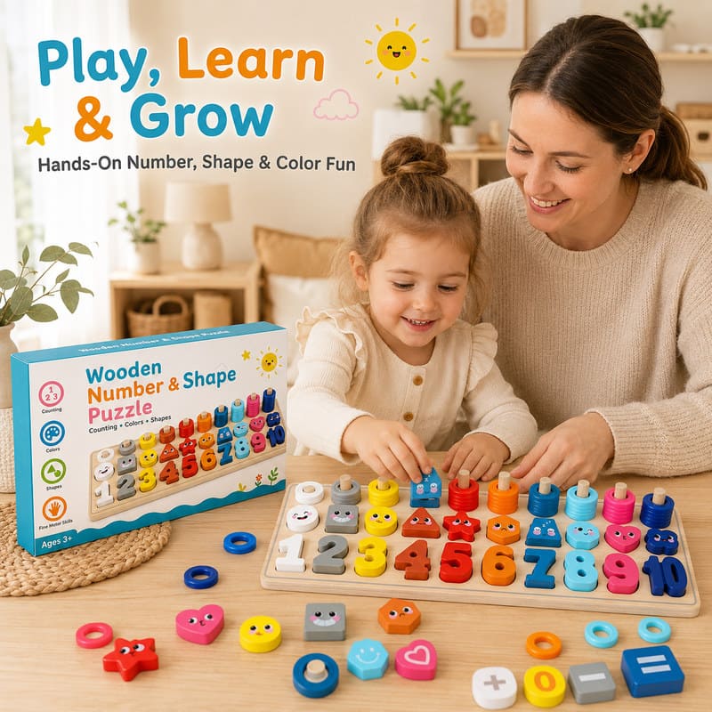 Wooden Number & Shape Puzzle Set completed puzzle view