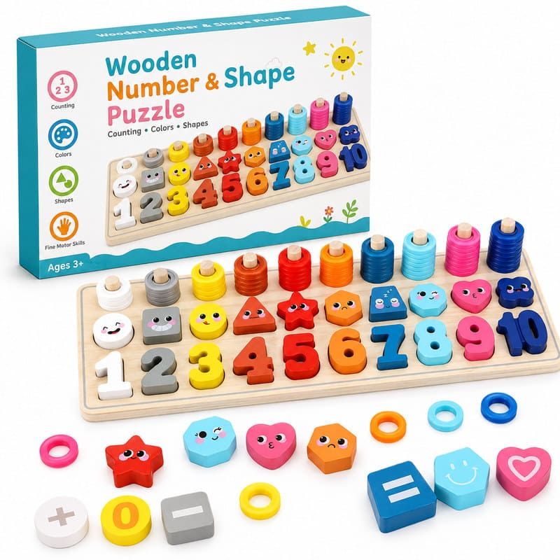 Wooden Number & Shape Puzzle Set front view