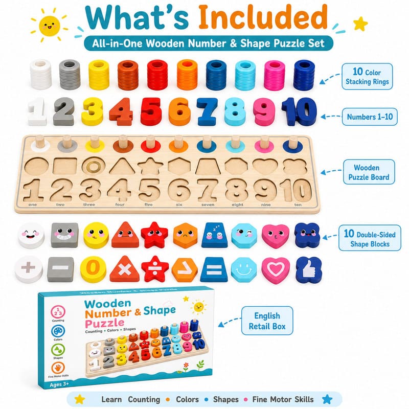 Wooden Number & Shape Puzzle Set puzzle pieces and layout view