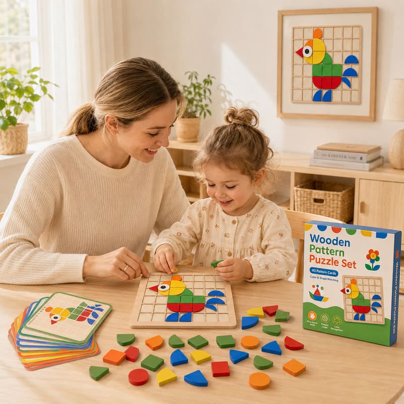 Wooden Pattern Block Puzzle Set with Activity Cards completed puzzle view