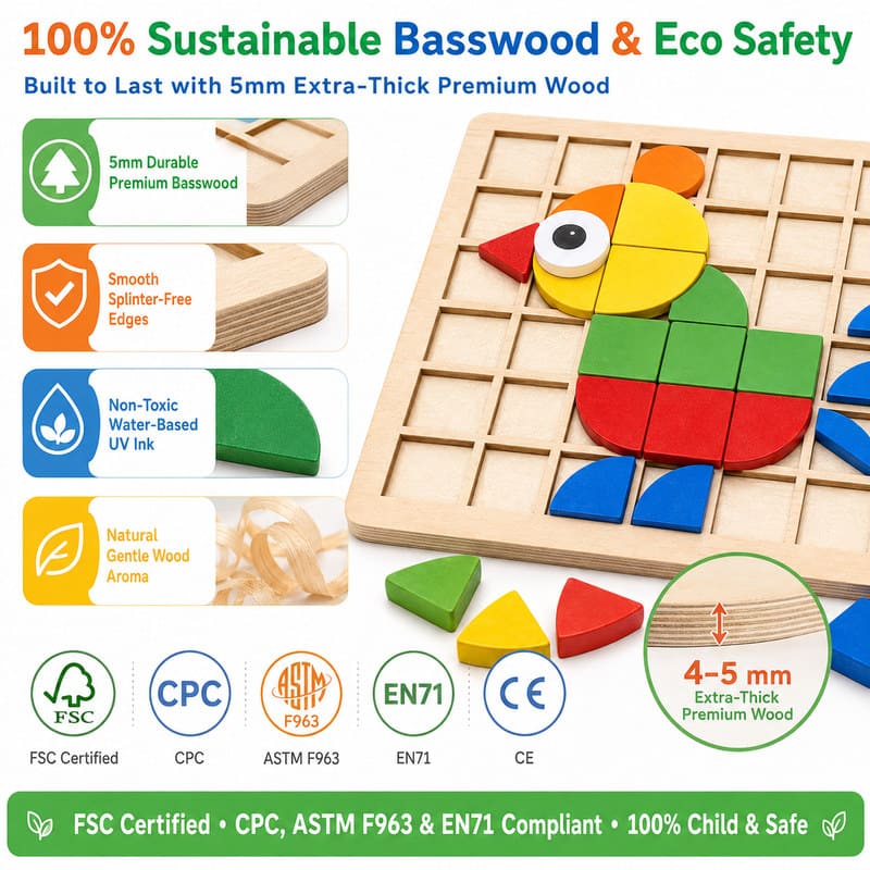 Wooden Pattern Block Puzzle Set with Activity Cards printing detail
