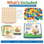 Wooden Pattern Block Puzzle Set with Activity Cards puzzle pieces and layout view
