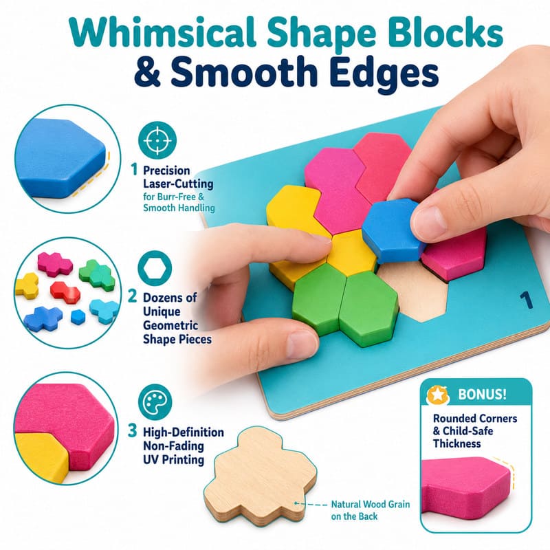 Wooden Pattern Block Puzzle Set size and dimensions