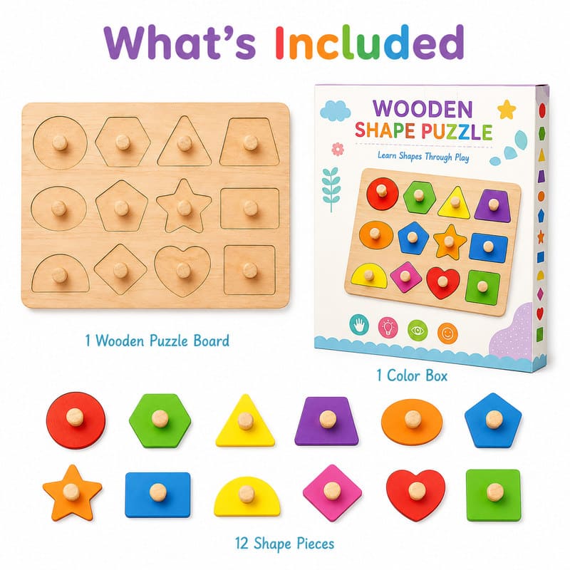 Wooden Shape Peg Puzzle Set puzzle pieces and layout view