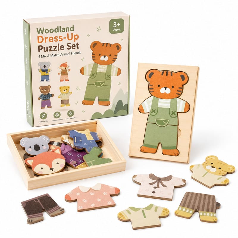 Woodland Animal Dress-Up Wooden Puzzle Set front view